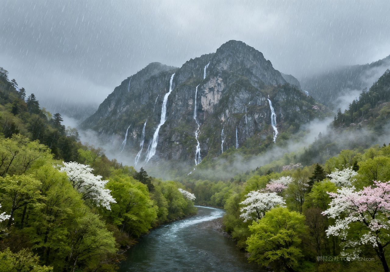 山峰河流山水春天唯美风景天空意境