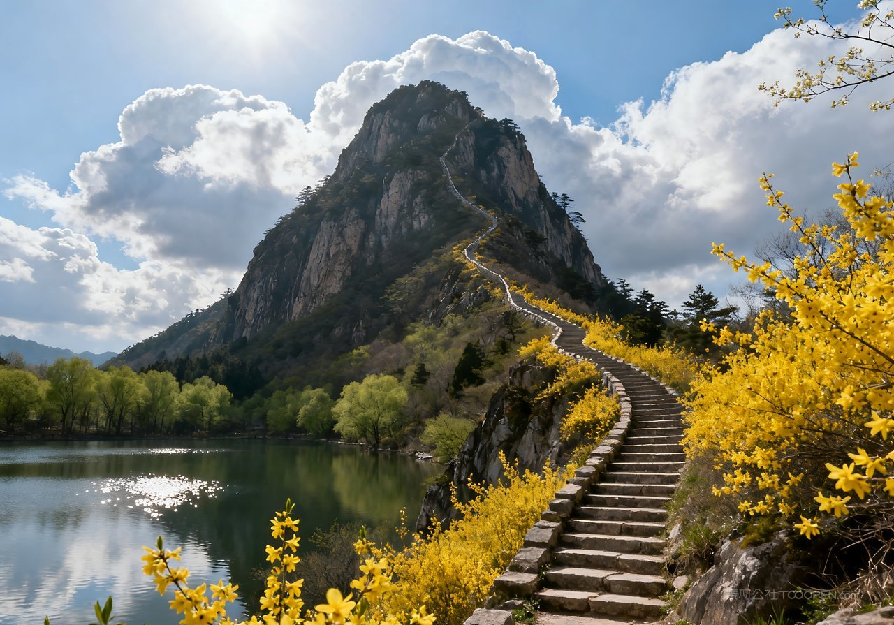 风景山水意境春天山峰河流唯美天空