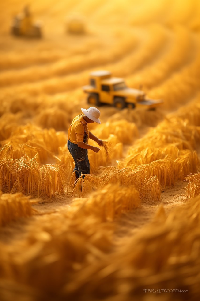 农民收割小麦丰收微观场景秋天金黄色