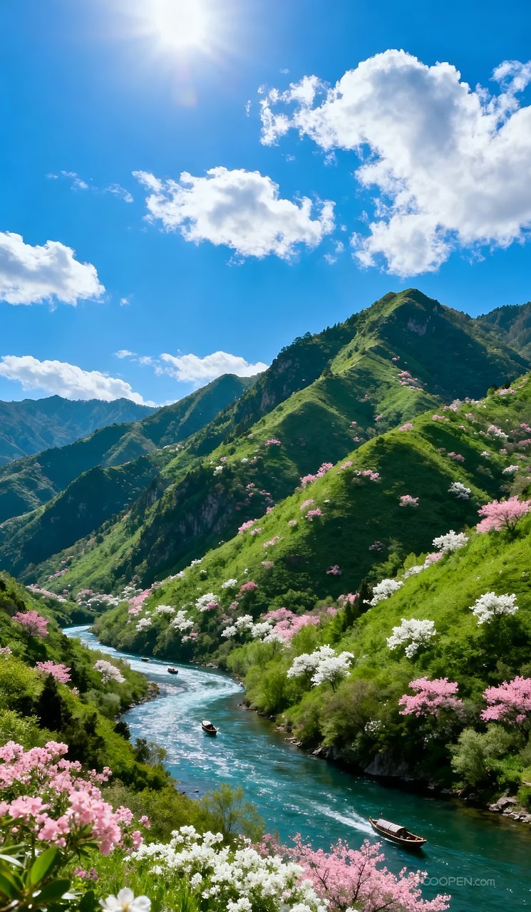 山峰春天风景自然唯美春季天空河流山水