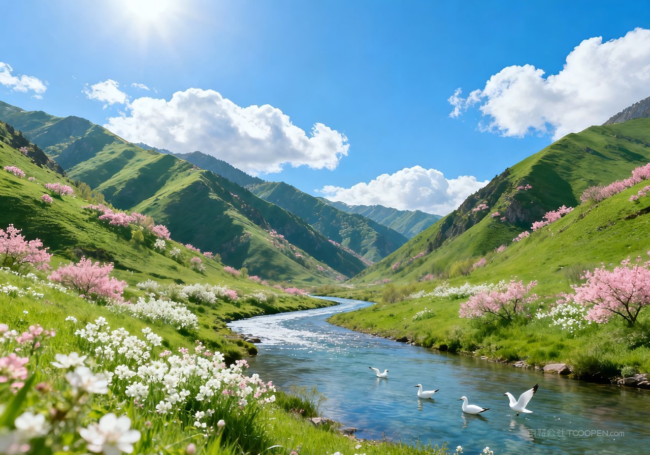 春意春天风景自然意境天空山峰河流