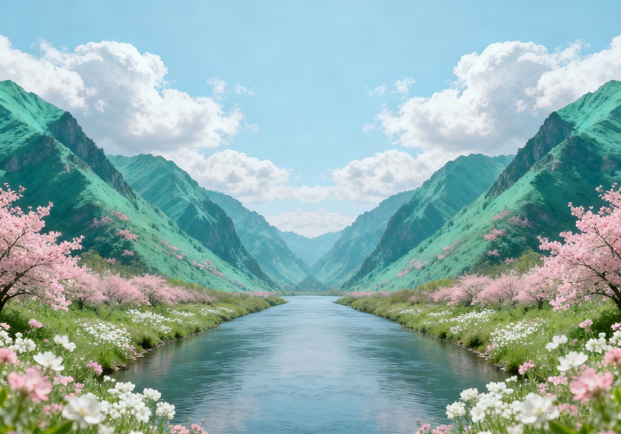 唯美春意风景山峰春天天空意境河流