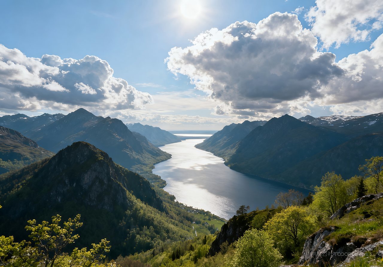 自然河流春意山峰风景意境春天天空