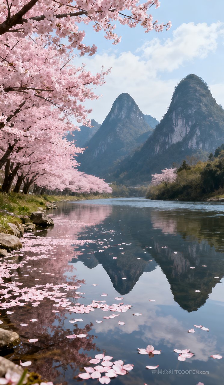 山水自然春天风景山峰河流春季唯美天空