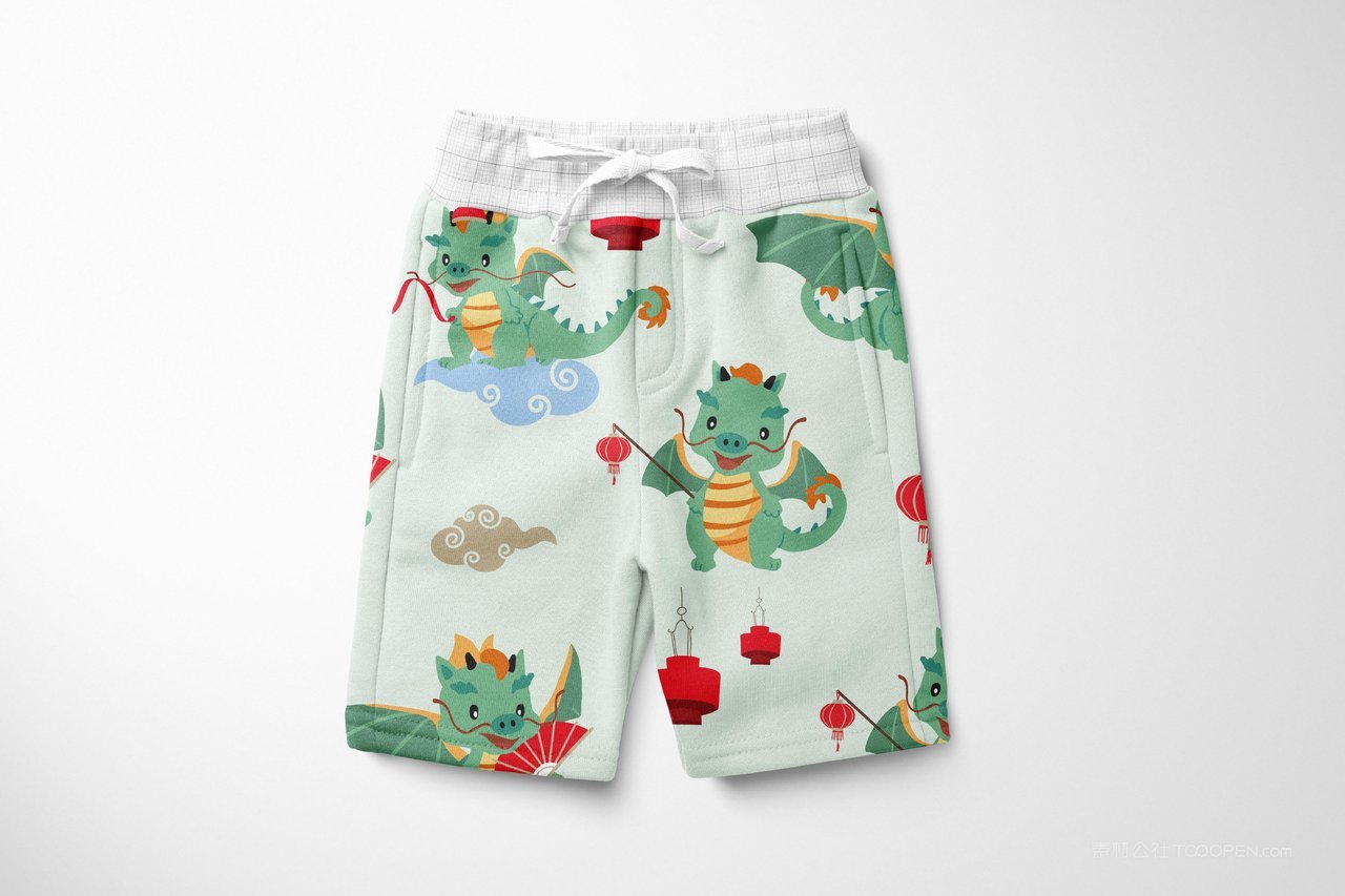 【1387期】2024龙年卡通提灯笼小恐龙印花儿童短裤服装样机 (8)