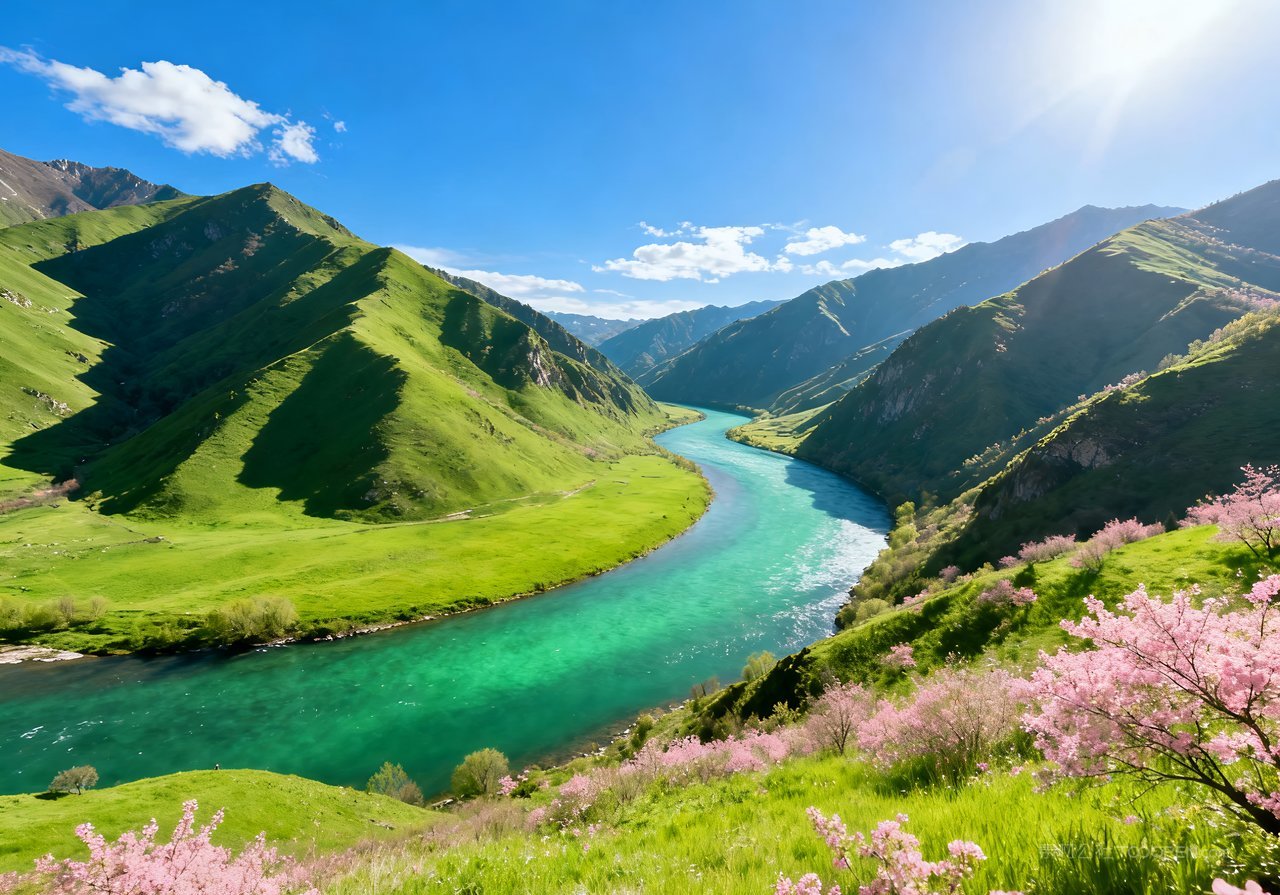 天空春天唯美河流风景山峰山水意境