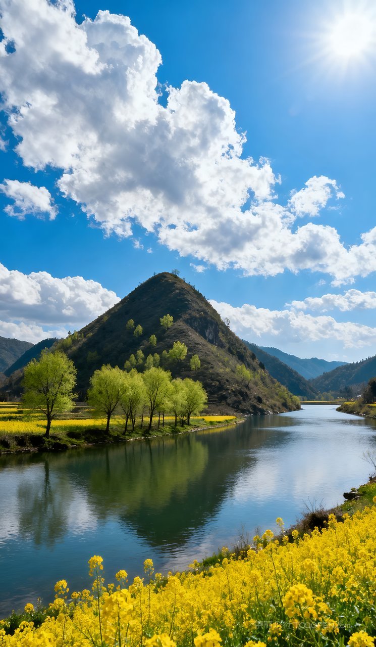 自然春季景色唯美山水春天山峰风景天空河流