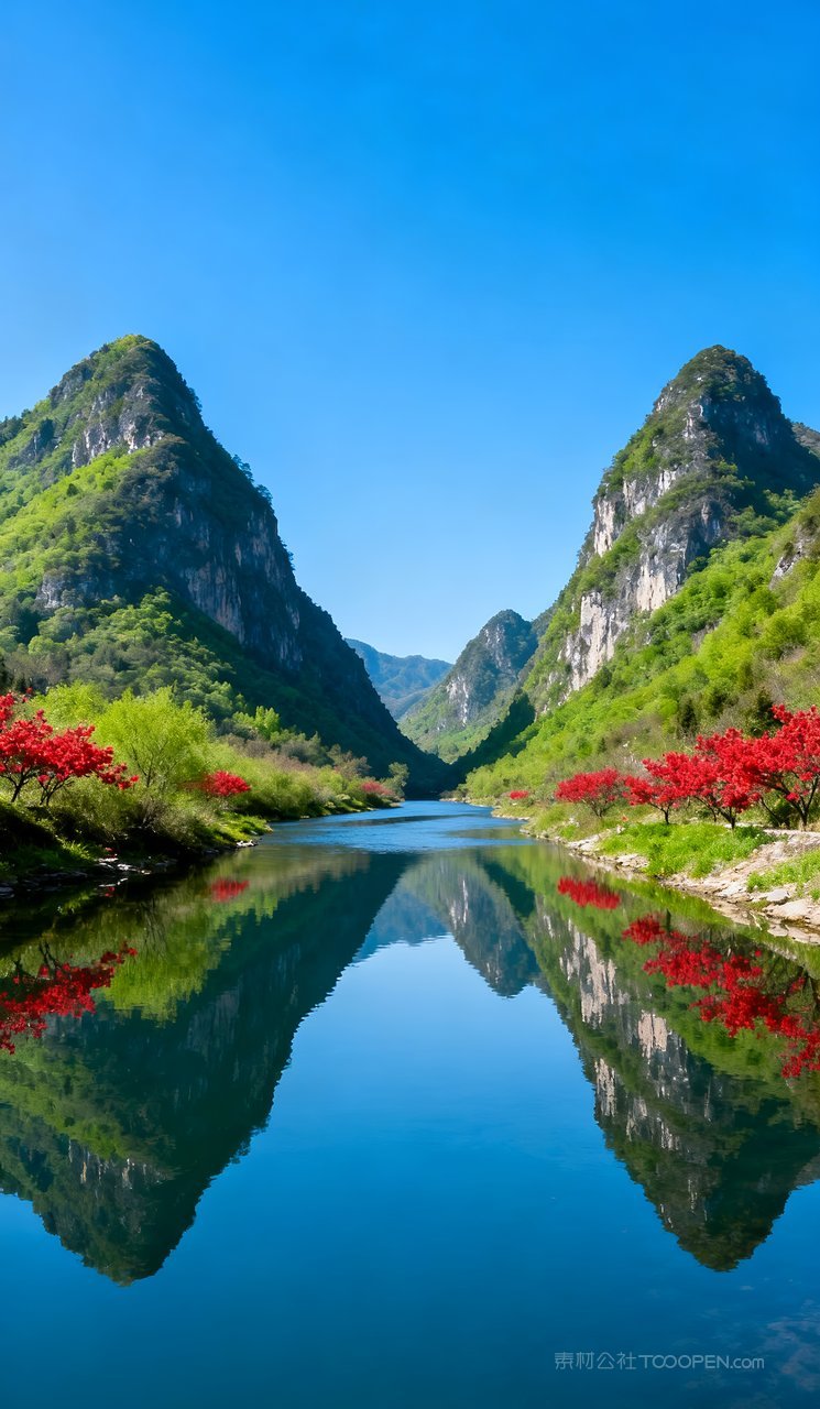 天空春天唯美山水山峰河流春季自然景色风景