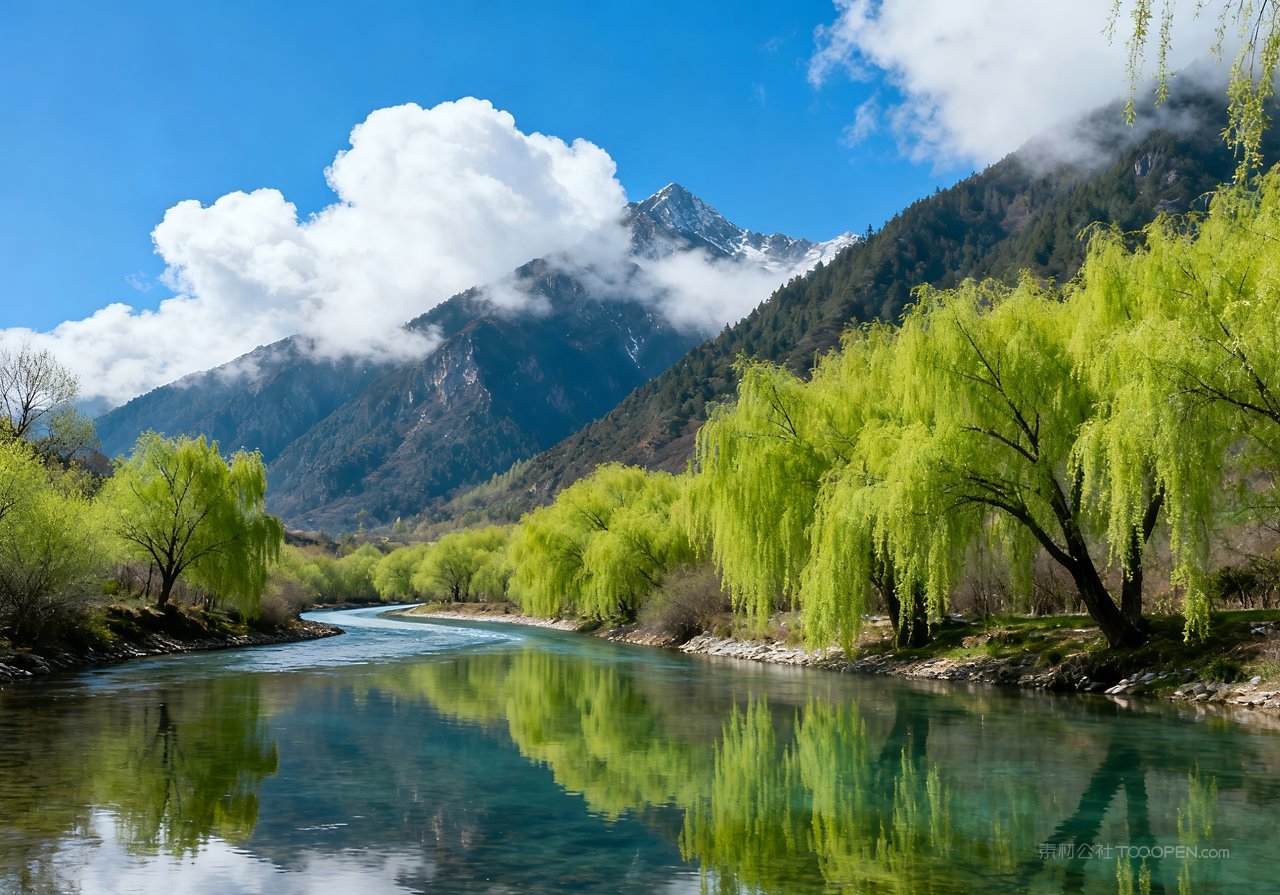 春天自然河流意境山峰天空春意风景