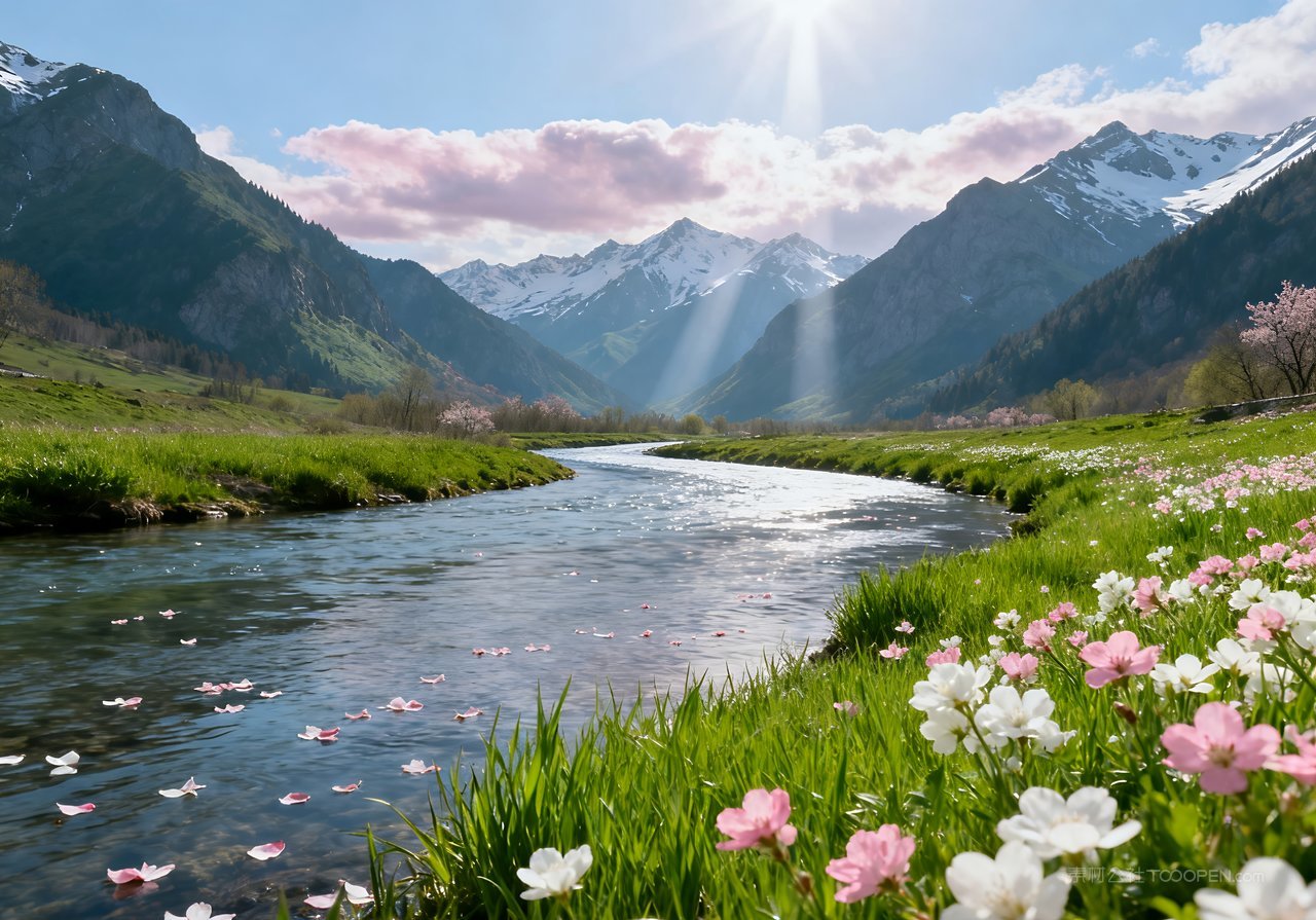 山水风景意境春天唯美山峰天空河流