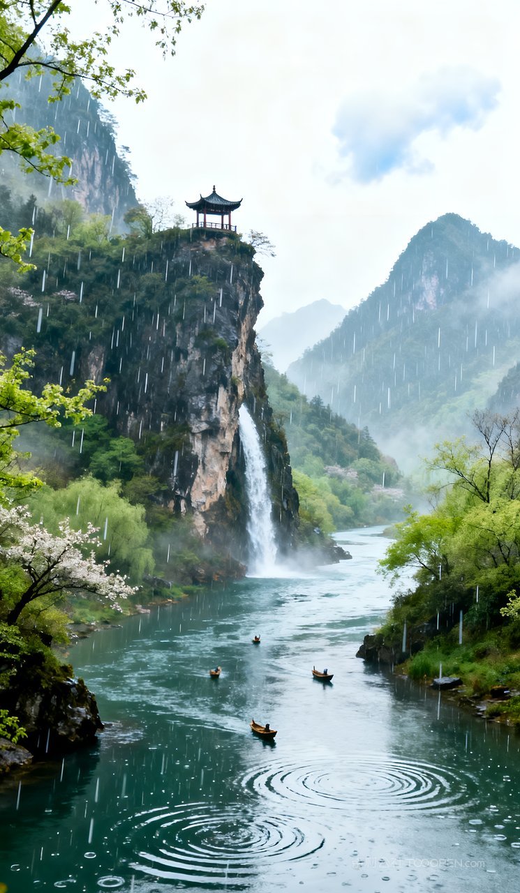 春天自然景色风景天空山峰山水唯美河流春季