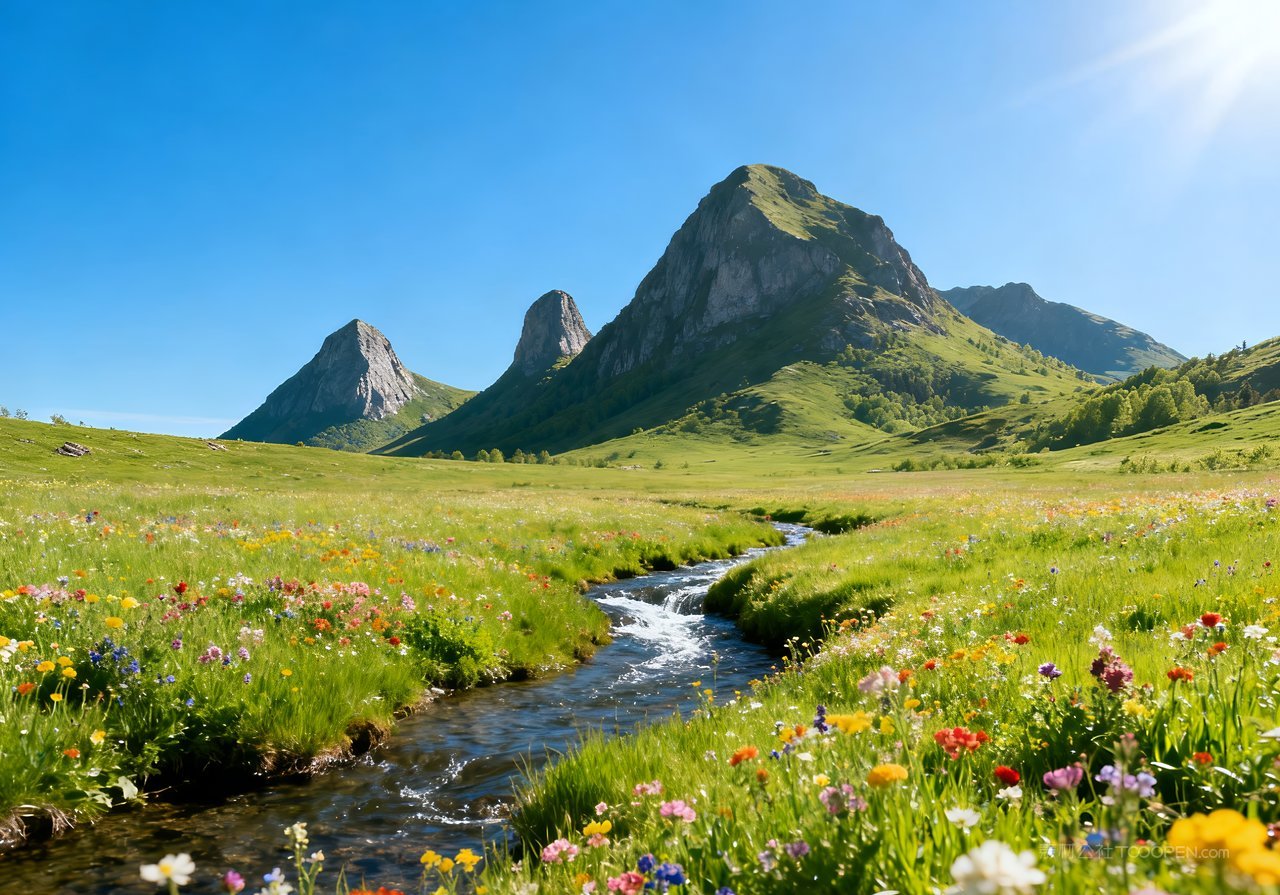 春天风景意境山峰自然天空河流唯美春意