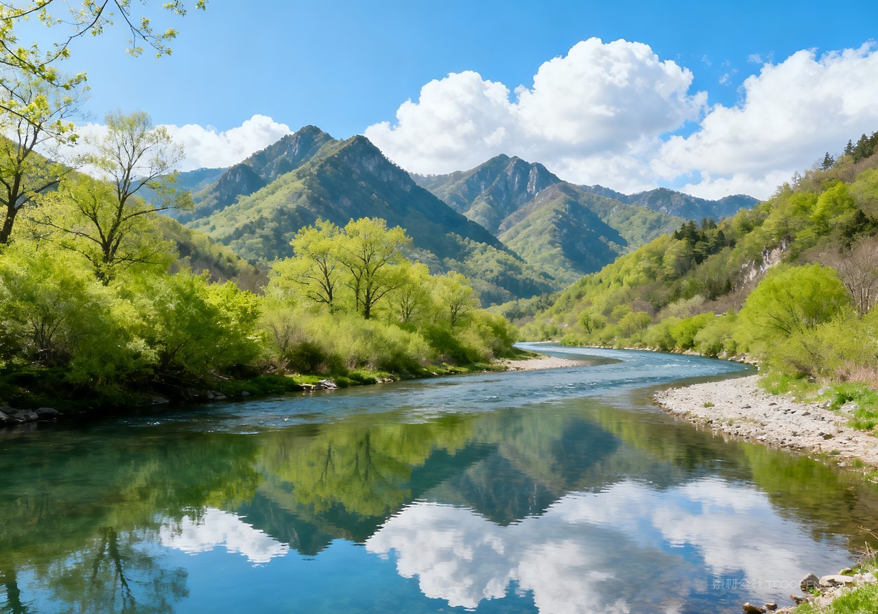 风景春意山峰河流意境春天自然天空