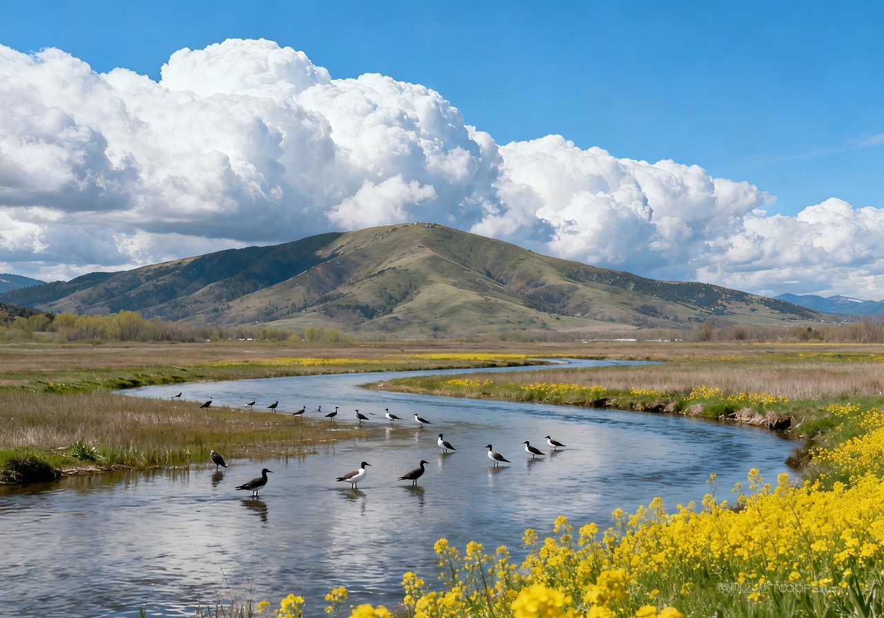 河流风景春意天空自然意境春天山峰