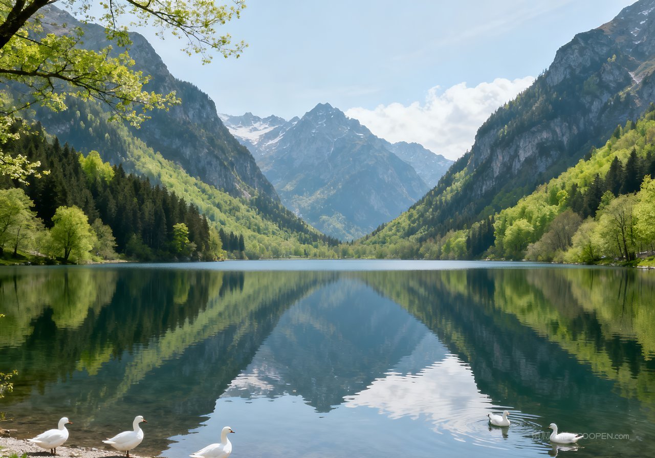 山峰唯美春天风景河流天空意境春意自然