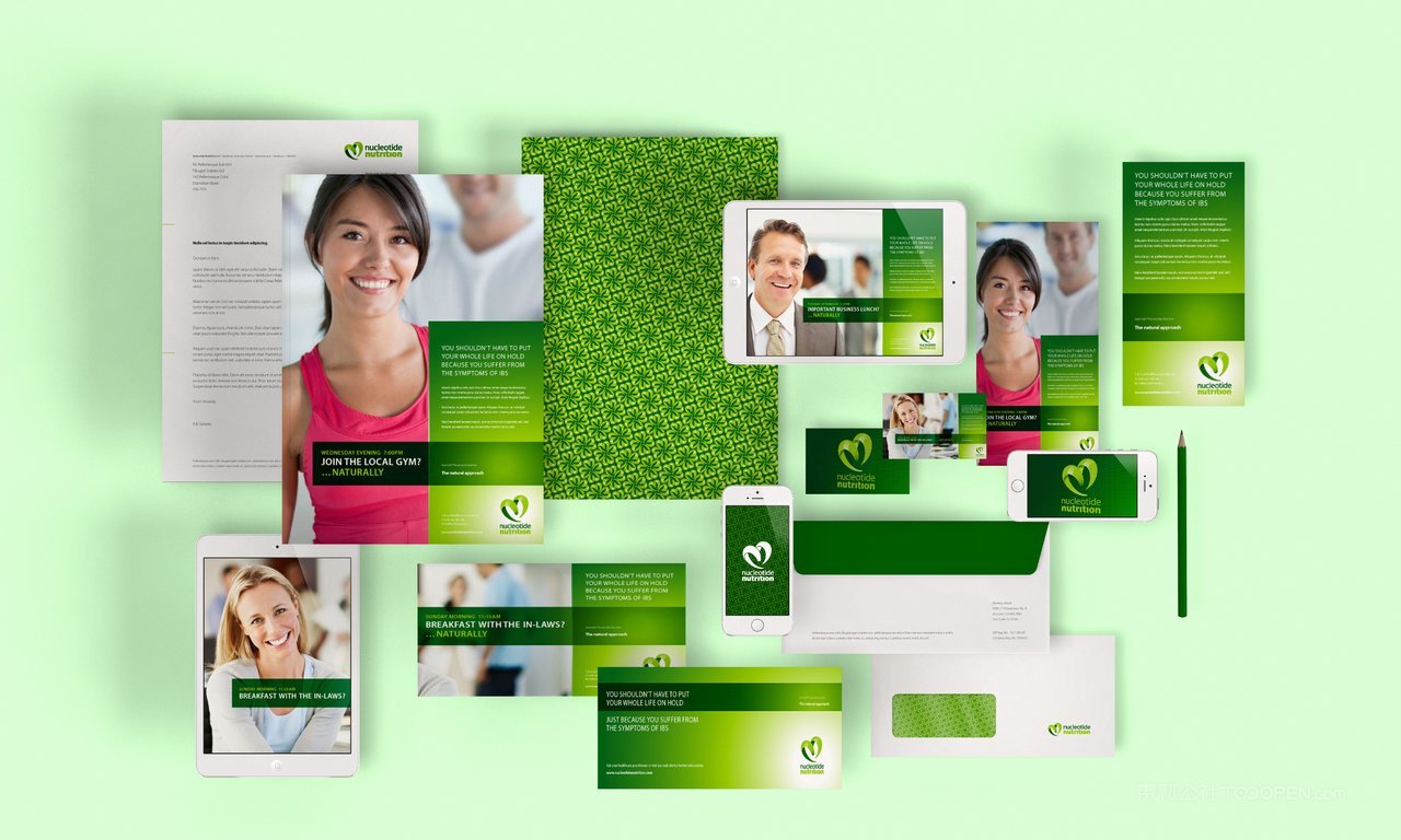 清新绿信封信纸手机vi办公用品样机贴图