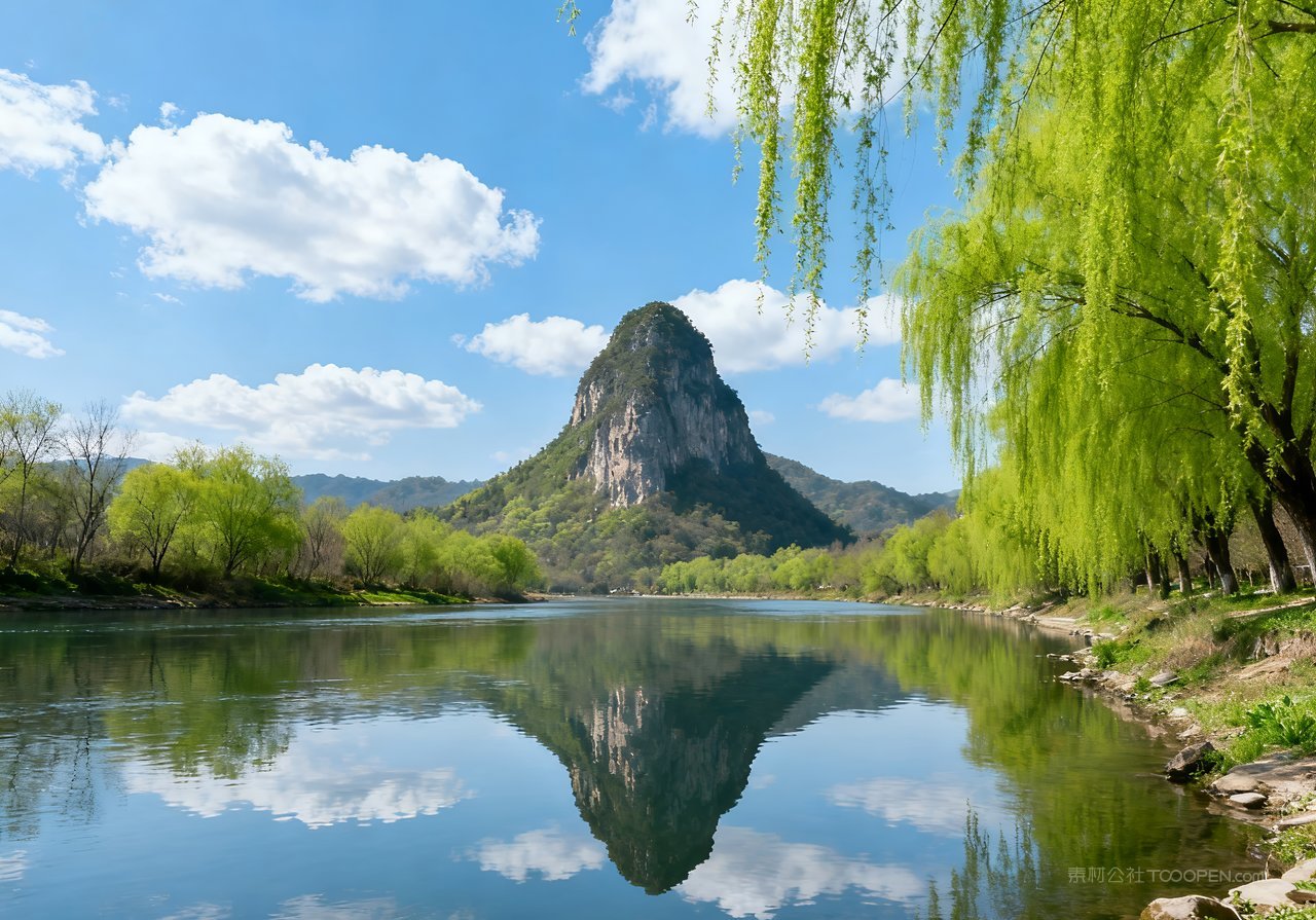 山峰春意唯美意境河流春天风景天空