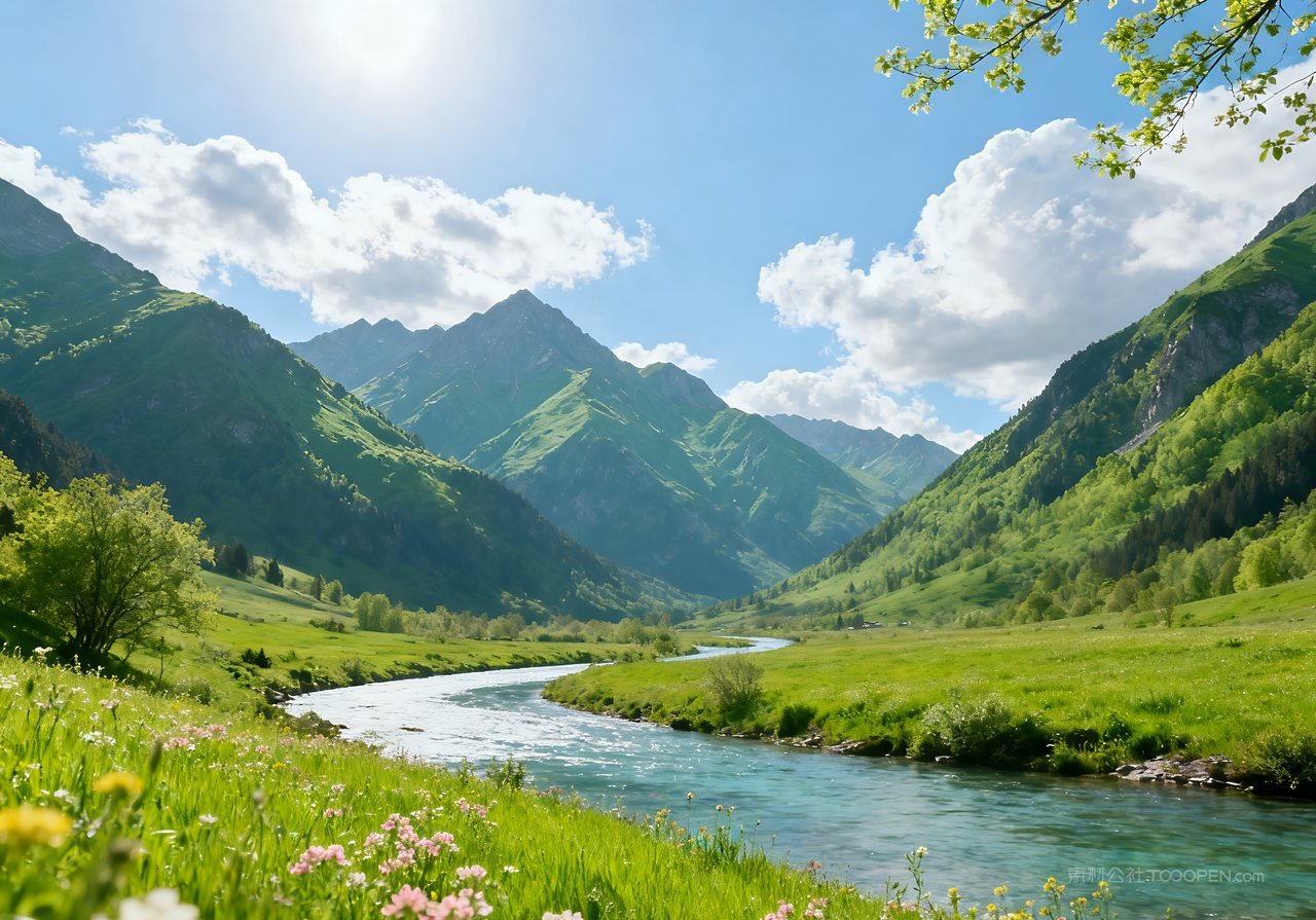 春天意境河流山水天空风景山峰唯美