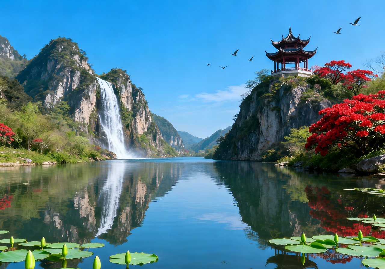 春意唯美河流风景天空自然春天意境山峰