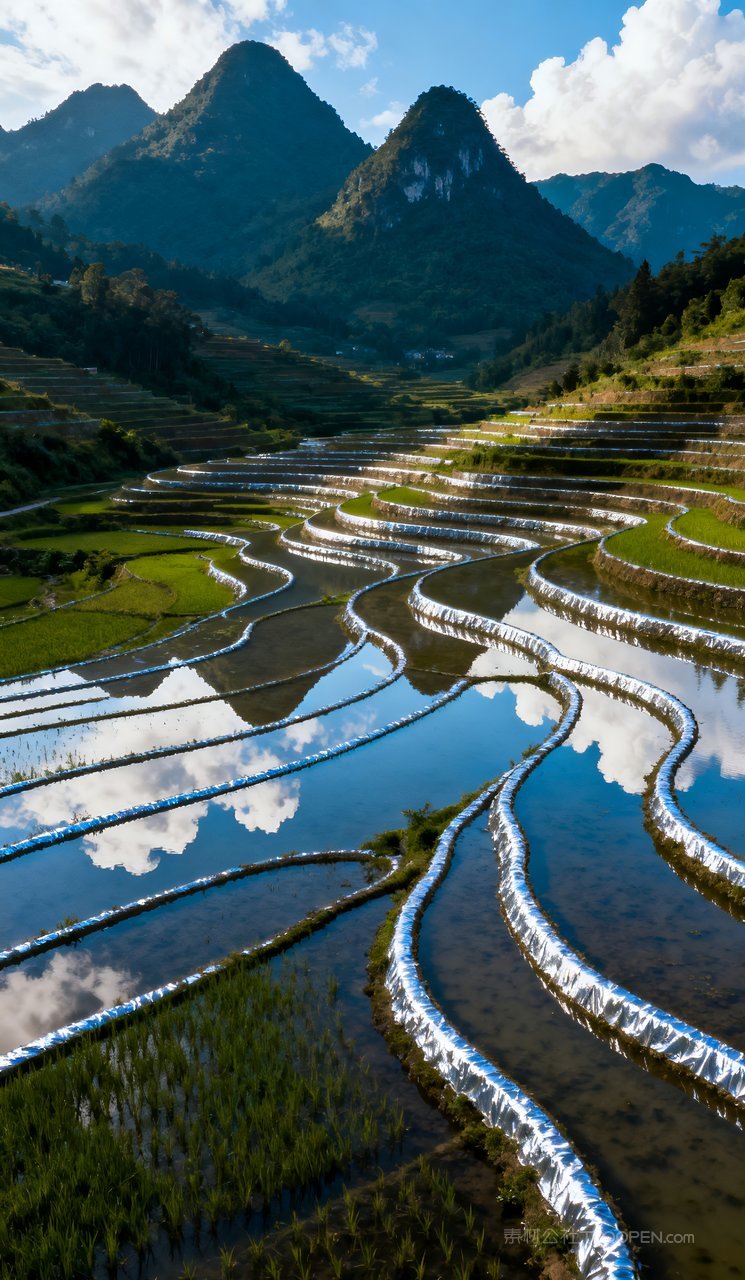 山峰春天山水风景天空春季河流自然唯美