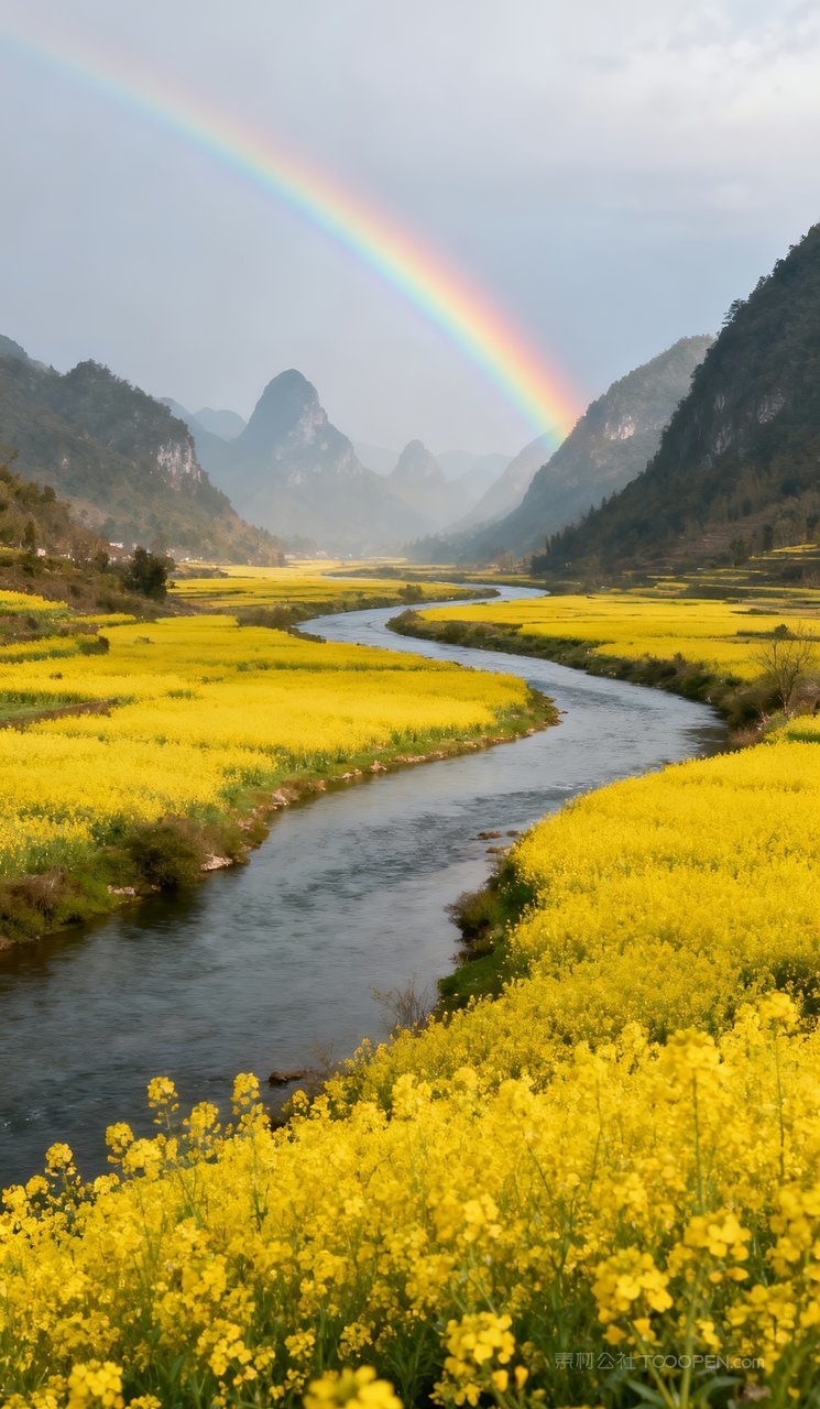 天空山峰意境自然山水春天风景河流唯美