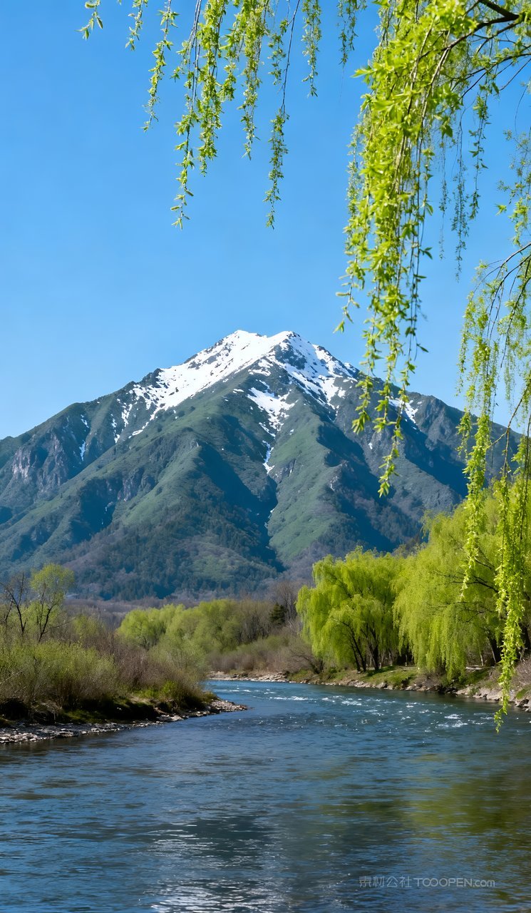 山峰唯美春季天空自然春天河流风景山水