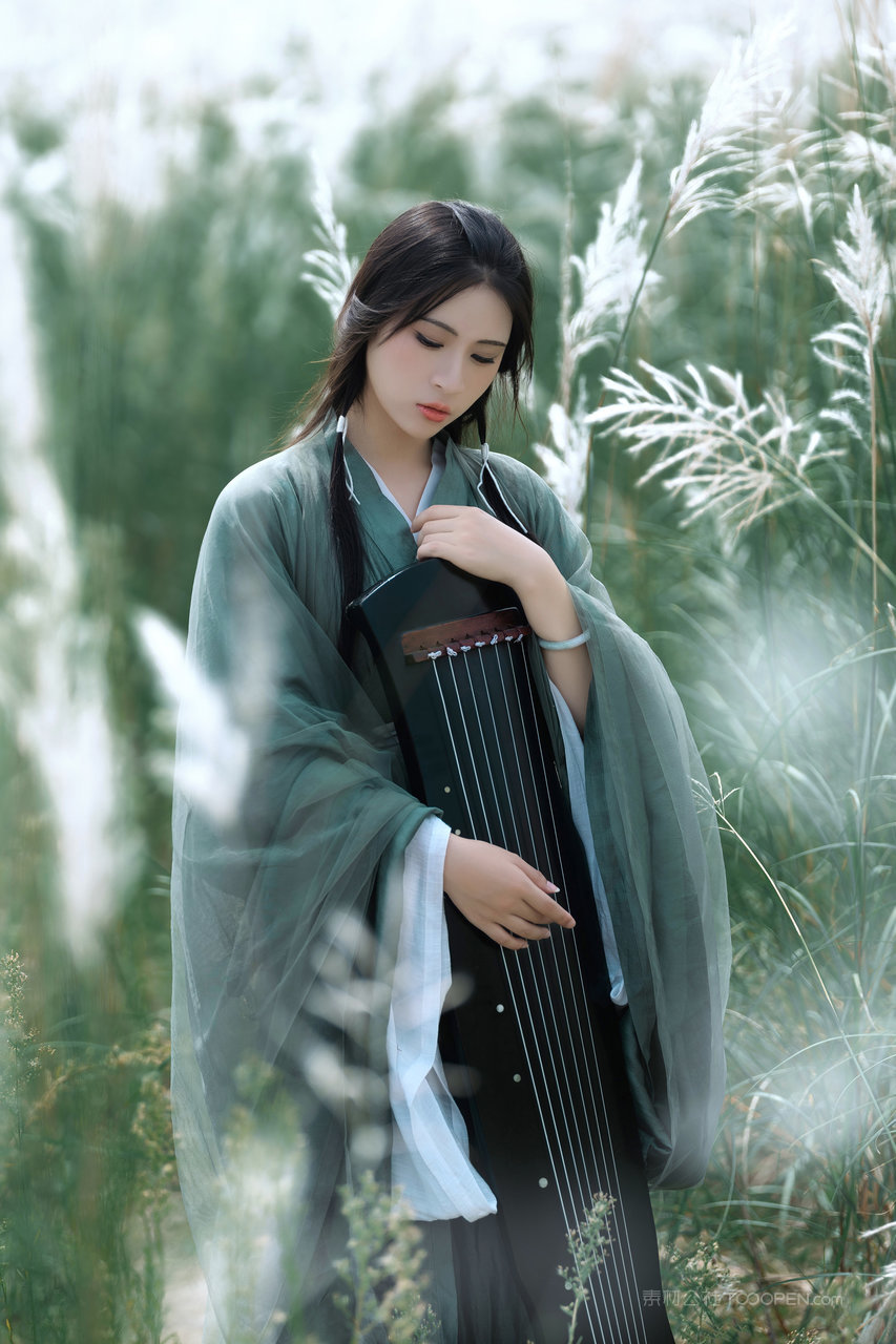 抱着古筝的国潮汉服美女摄影图片