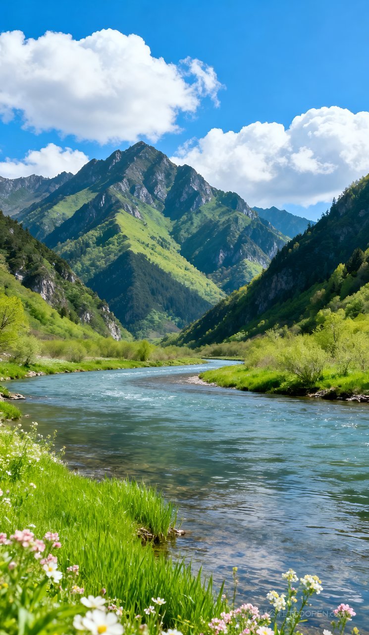 春天自然唯美春季山水山峰风景河流天空