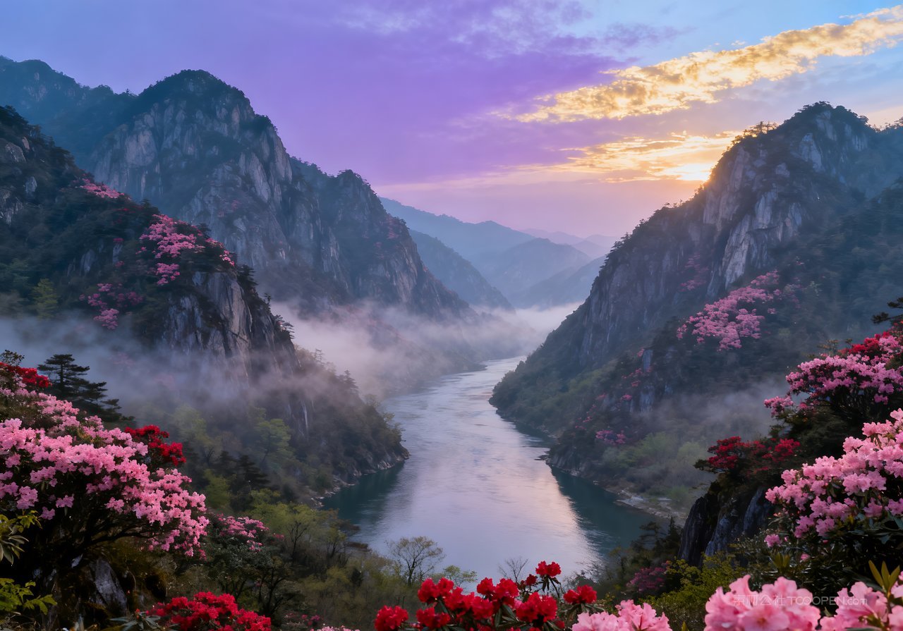 山峰春天唯美春意风景天空自然河流意境