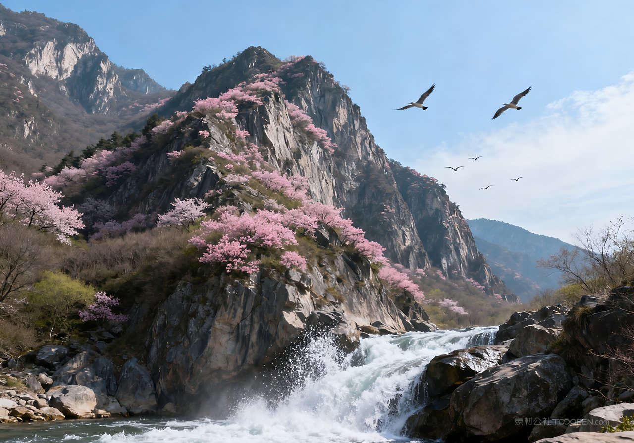 春天意境河流春意自然唯美山峰天空风景