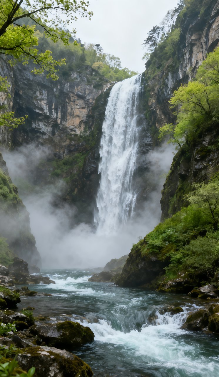 自然春天山峰春季山水天空景色唯美河流风景