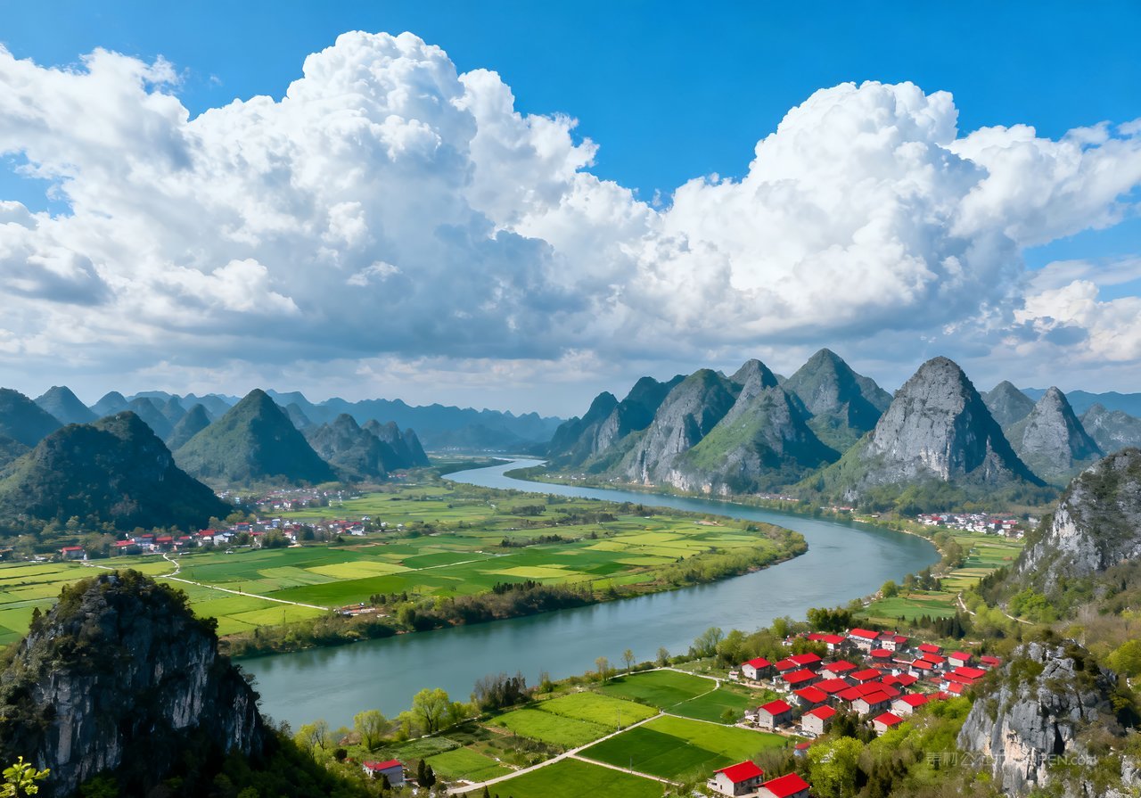 唯美河流天空春天春意自然山峰意境风景