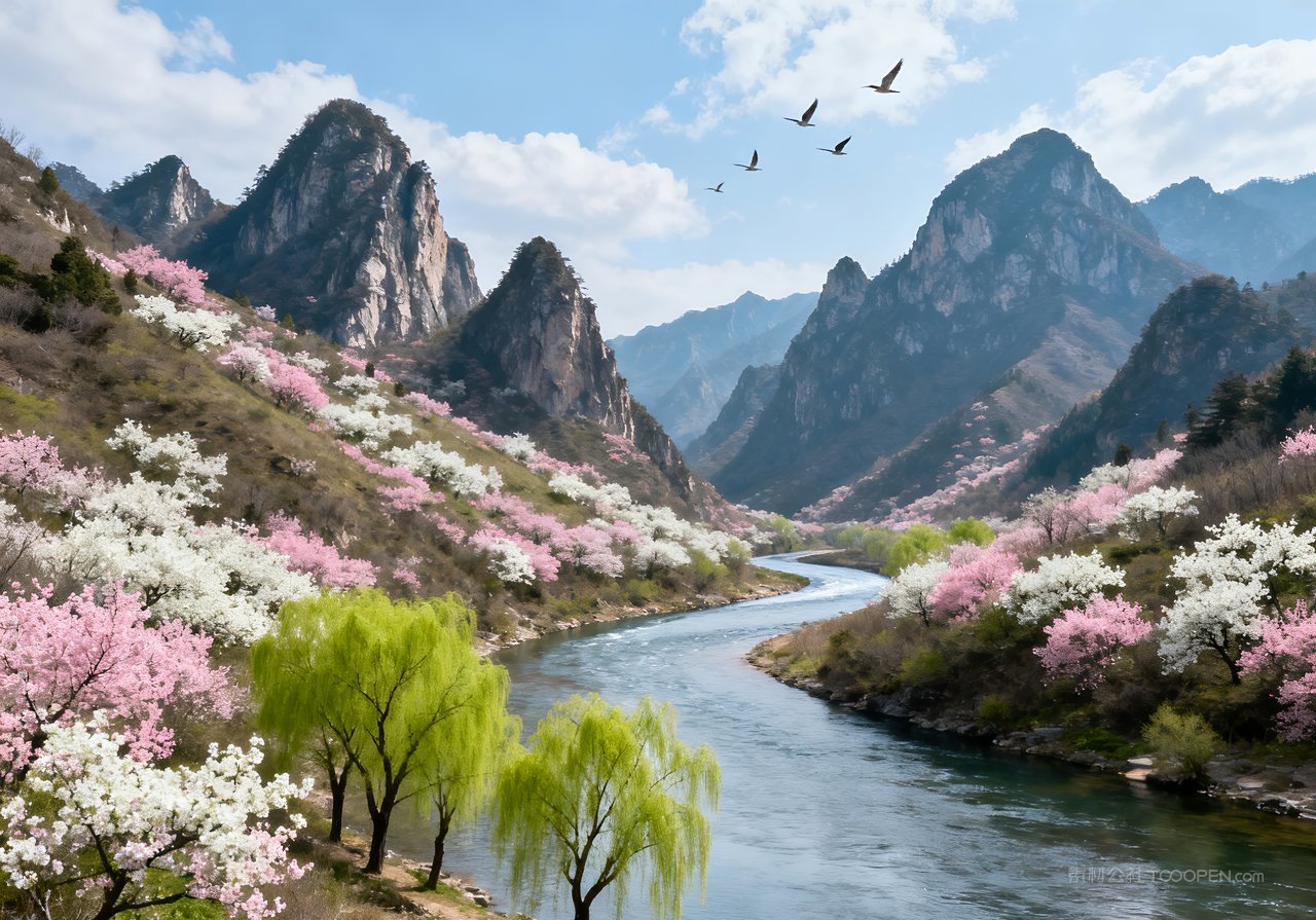 春天风景山峰春意河流天空意境唯美