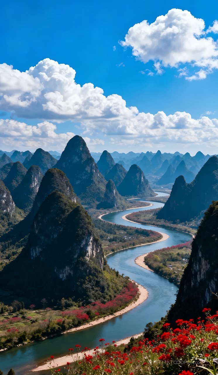 景色春天春季自然天空山峰山水唯美河流风景