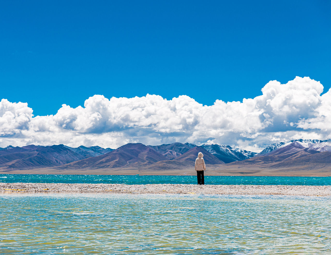 纳木措湖边看风景的人