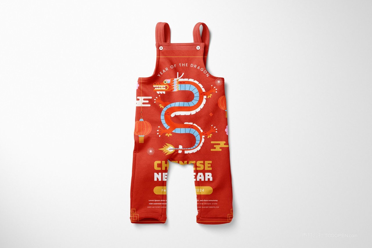 【1387期】2024龙年中国红背带裤图案印花服装样机 (1)