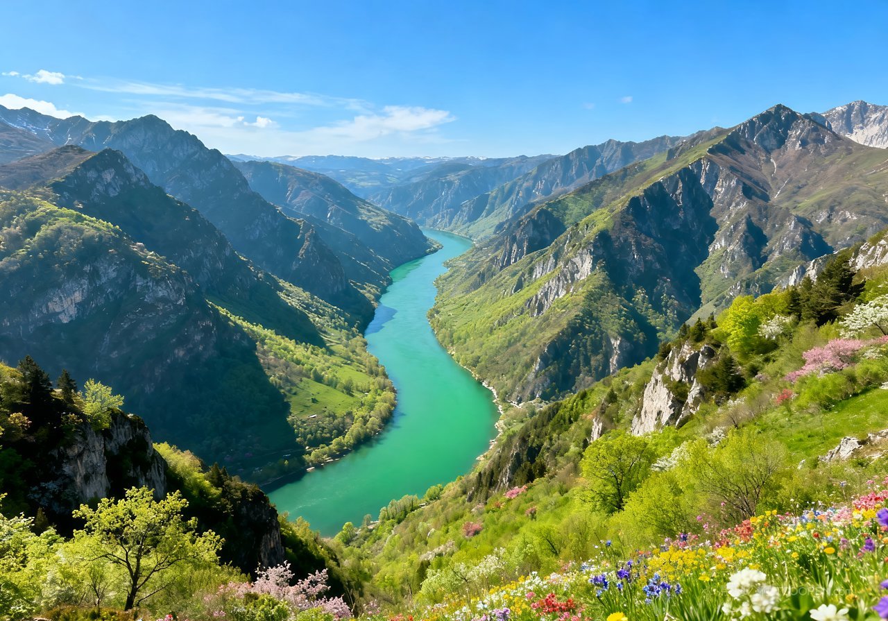 河流风景唯美意境天空山峰山水春天
