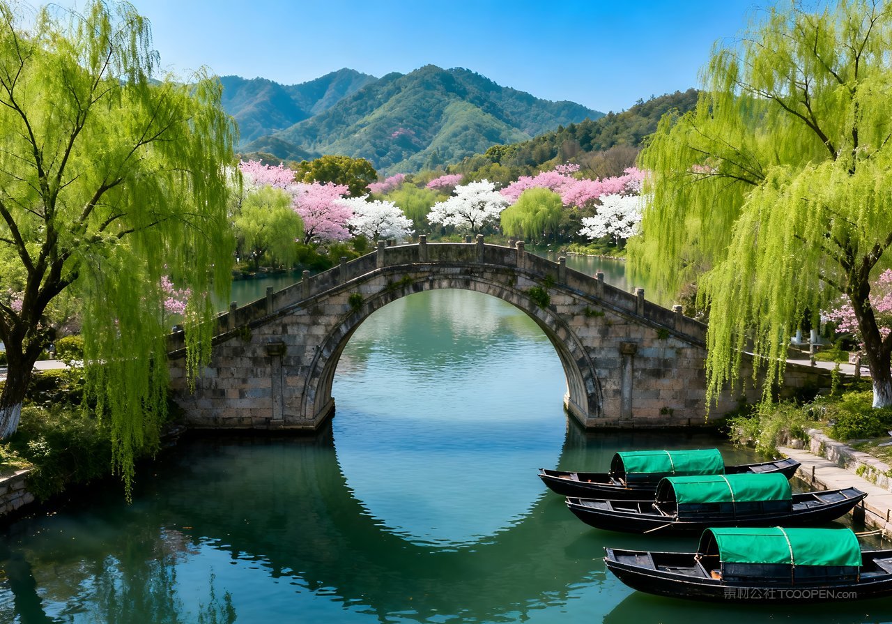 唯美意境天空河流春天春意风景山峰