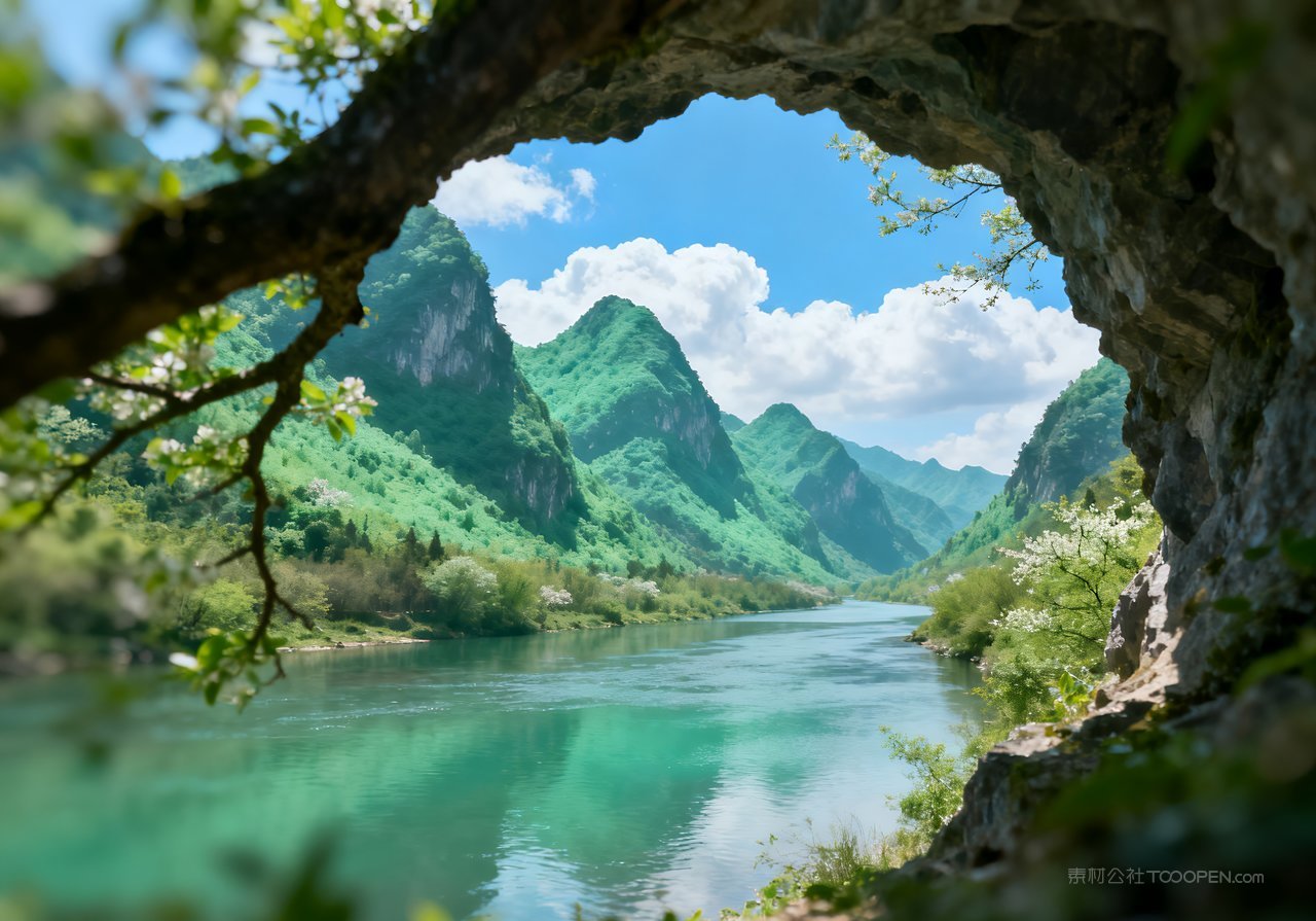 风景山水春季唯美河流天空意境山峰