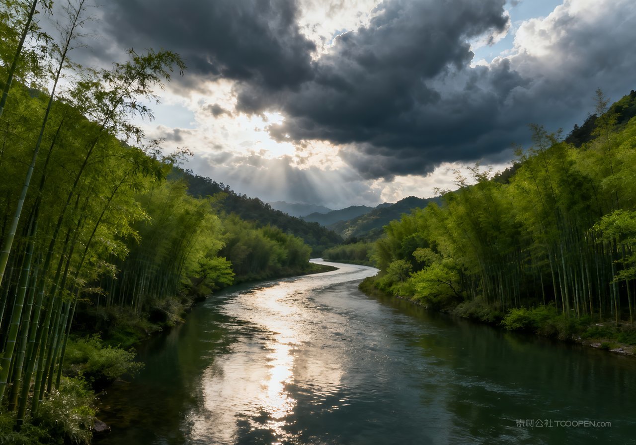 山峰春意自然河流意境春天风景唯美天空