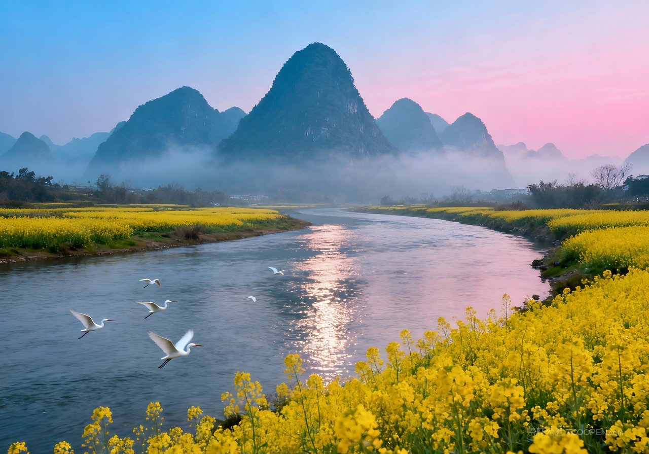 山水春季天空山峰意境风景唯美河流