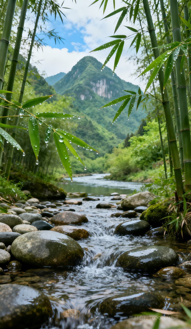 河流意境风景春天山水唯美山峰天空