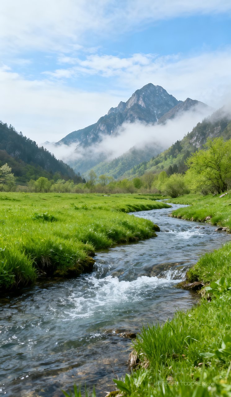 河流山峰意境山水唯美风景春天天空