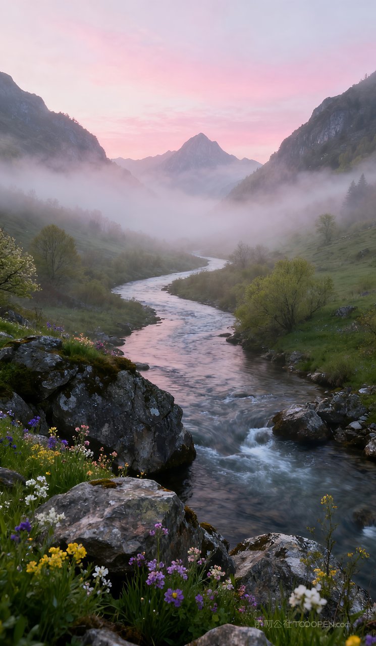 唯美山峰意境山水风景自然天空春天河流