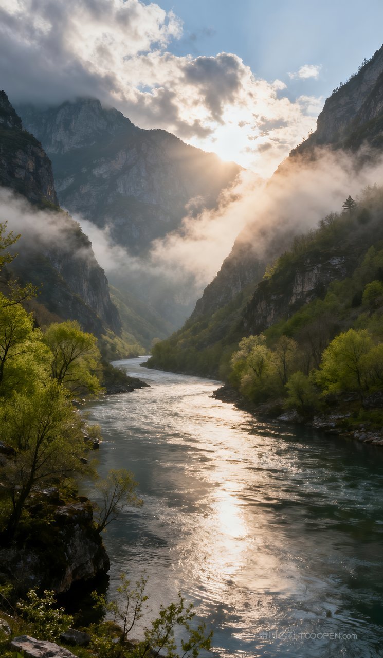 春天山峰唯美天空河流风景自然春季山水