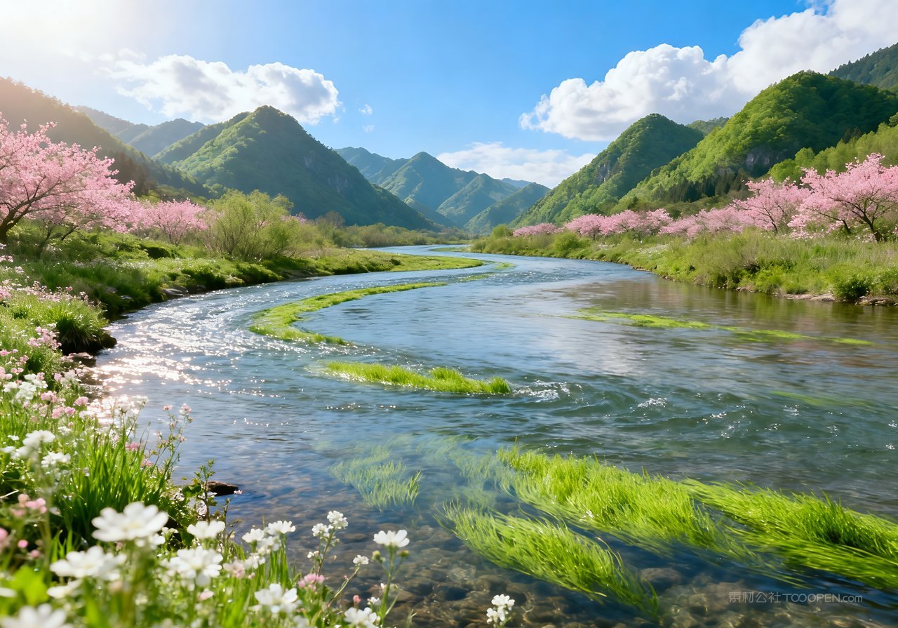 意境春季唯美山水天空山峰风景河流