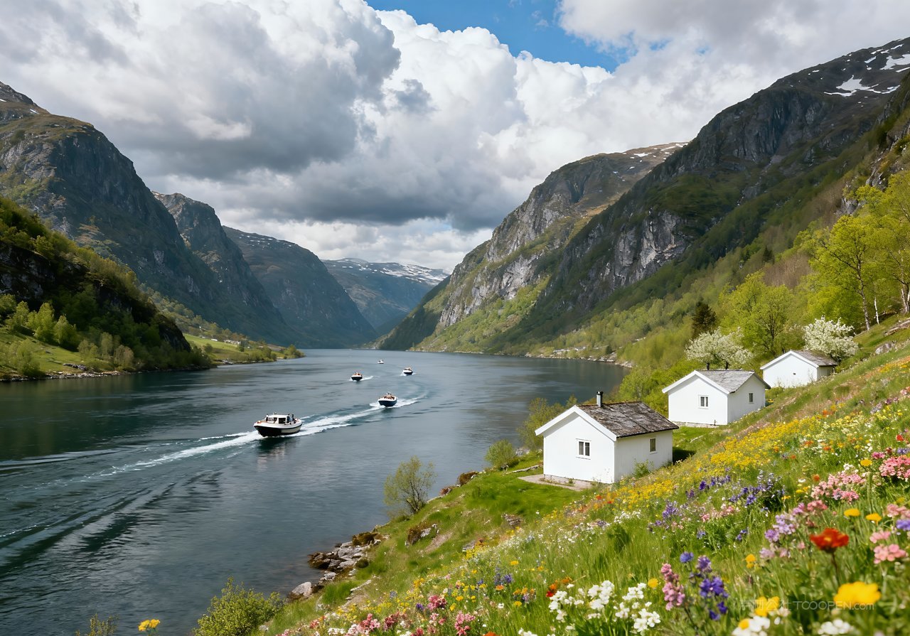 春季河流天空山水山峰意境唯美风景