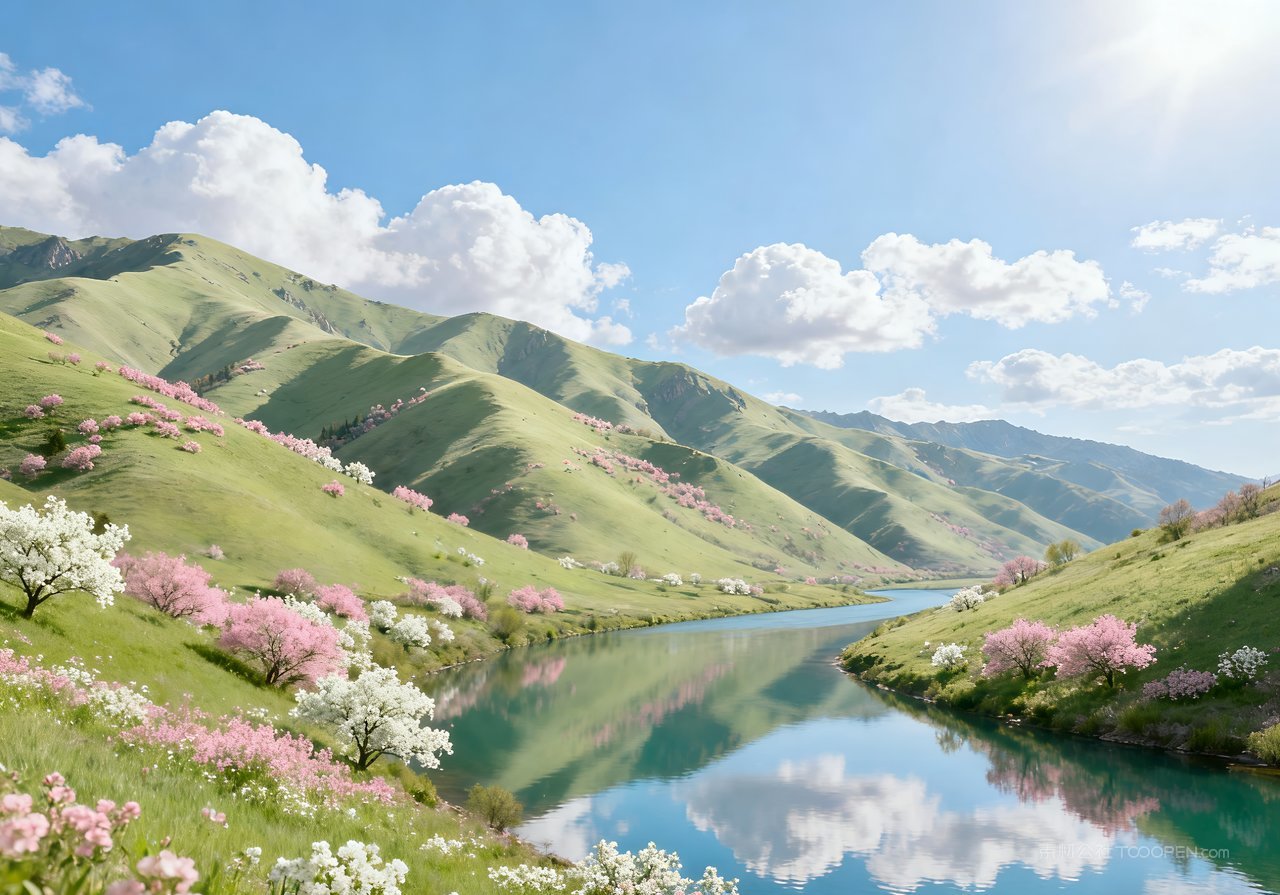 天空春意唯美意境河流山峰风景春天