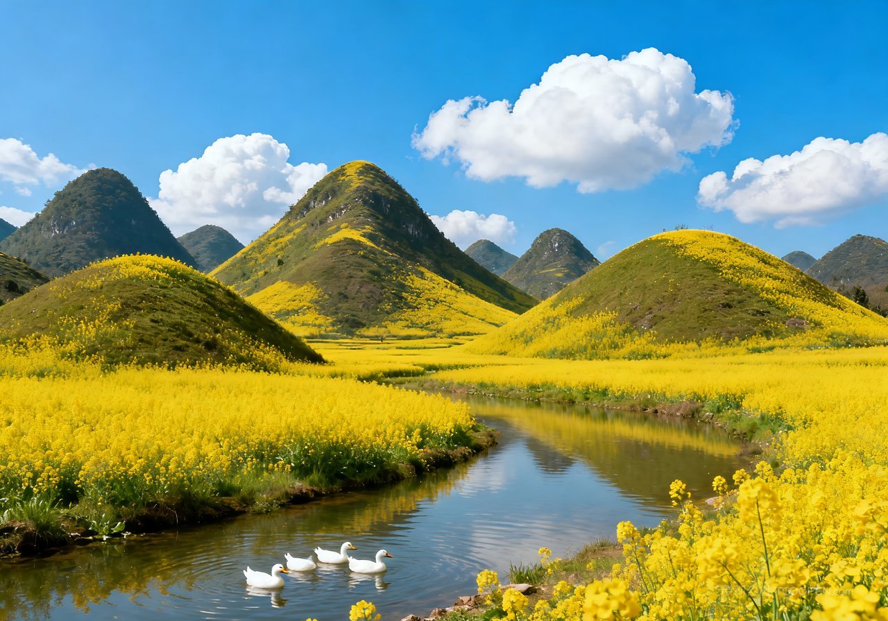 风景意境唯美春天天空春意山峰河流