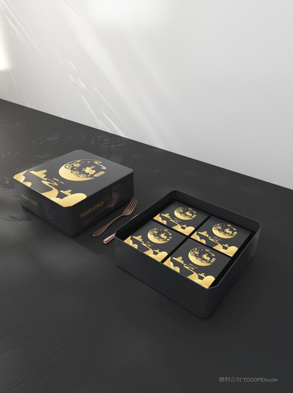 黑色高级中秋月饼礼品盒精美ps样机场景样机
